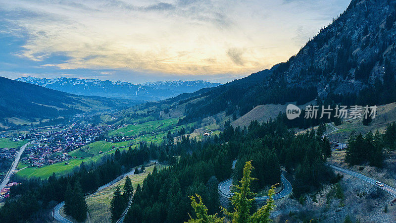 View of Bad Hindelang, Ostrach valley in the Oberallgäu region, Germany, Bavaria